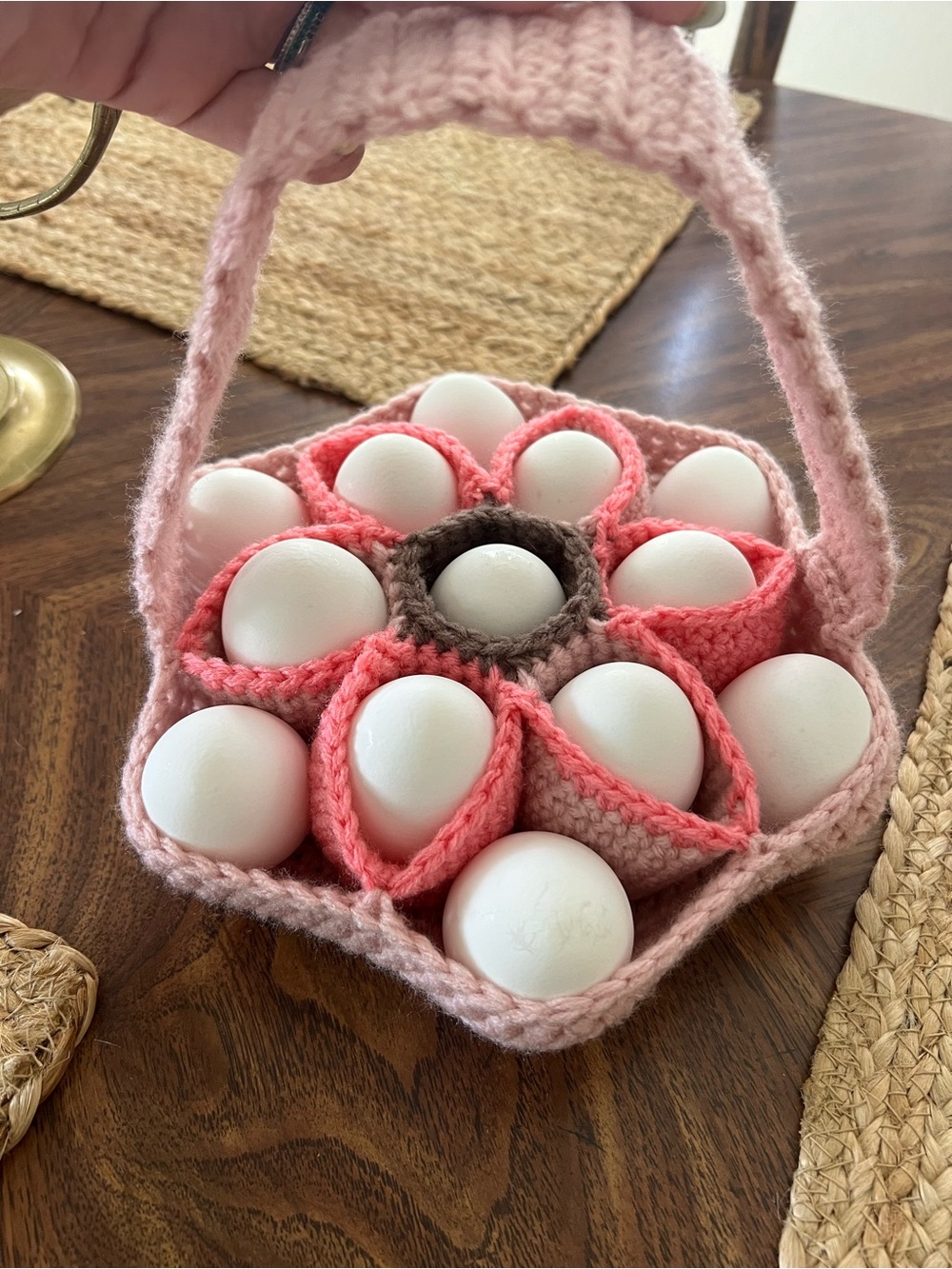 Handmade Pink Crochet Egg collecting basket
